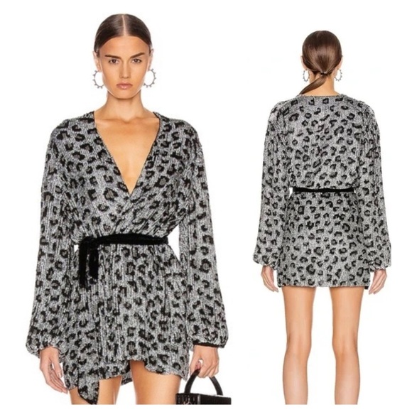 Retrofete Dresses & Skirts - Retrofete SEQUIN Silver & Black Gabriella Leopard Print Mini Wrap Dress NWT